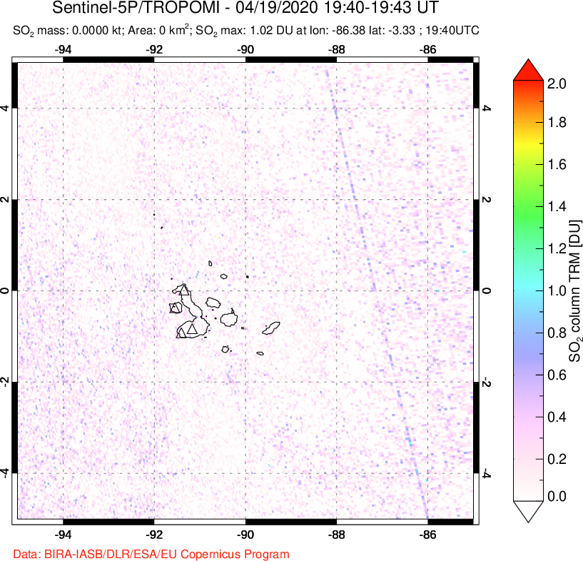 A sulfur dioxide image over Galápagos Islands on Apr 19, 2020.