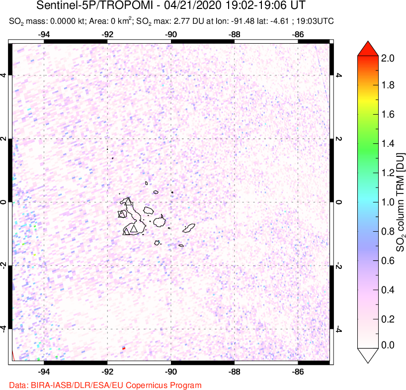 A sulfur dioxide image over Galápagos Islands on Apr 21, 2020.