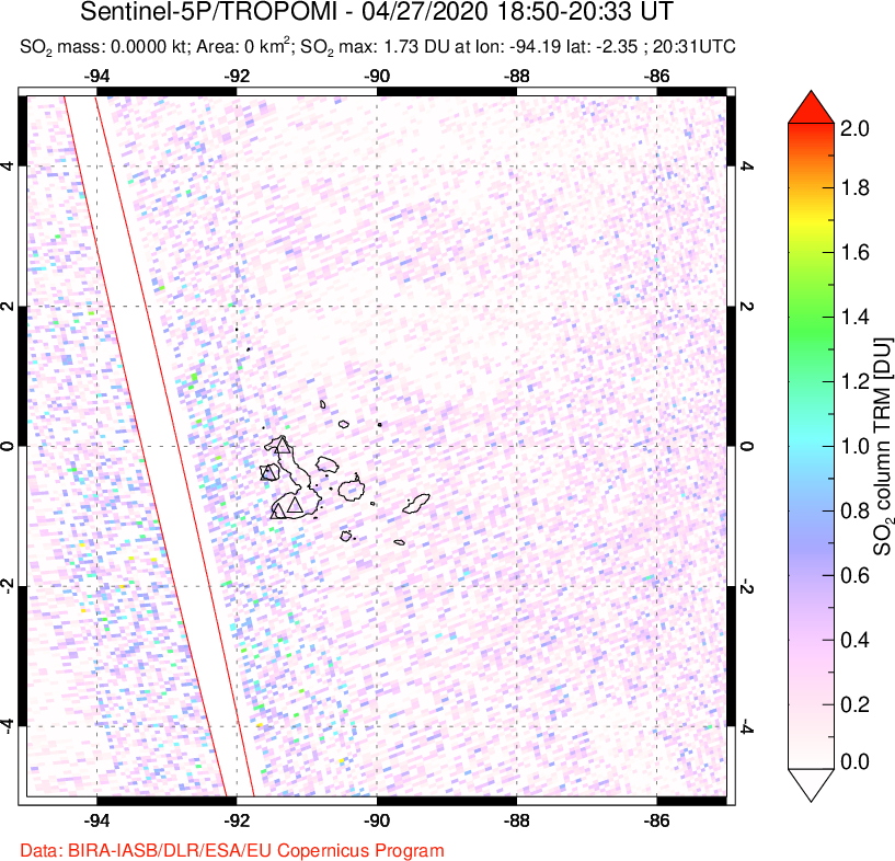 A sulfur dioxide image over Galápagos Islands on Apr 27, 2020.