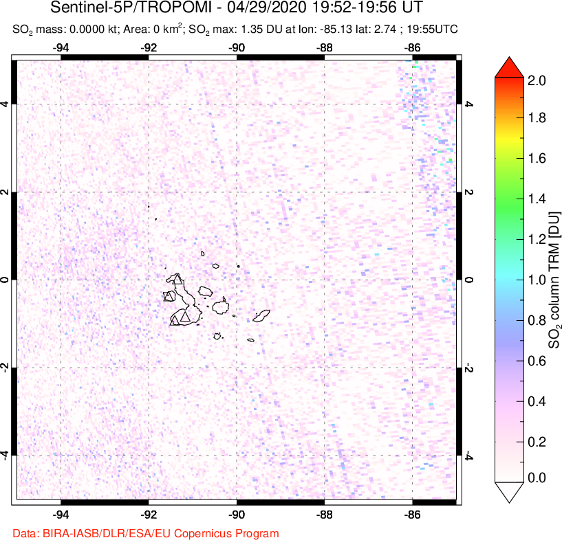 A sulfur dioxide image over Galápagos Islands on Apr 29, 2020.