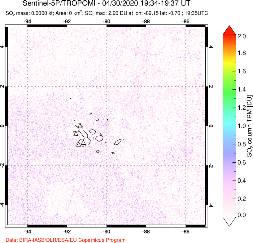 A sulfur dioxide image over Galápagos Islands on Apr 30, 2020.