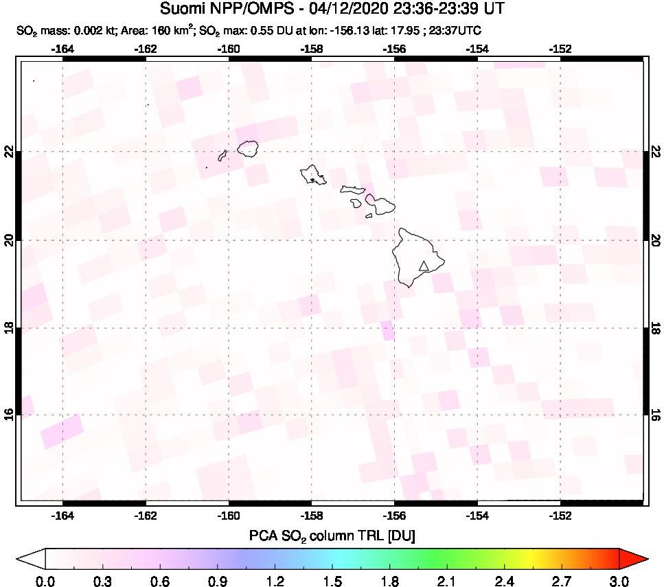 A sulfur dioxide image over Hawaii, USA on Apr 12, 2020.