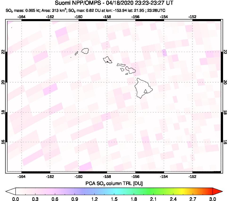 A sulfur dioxide image over Hawaii, USA on Apr 18, 2020.