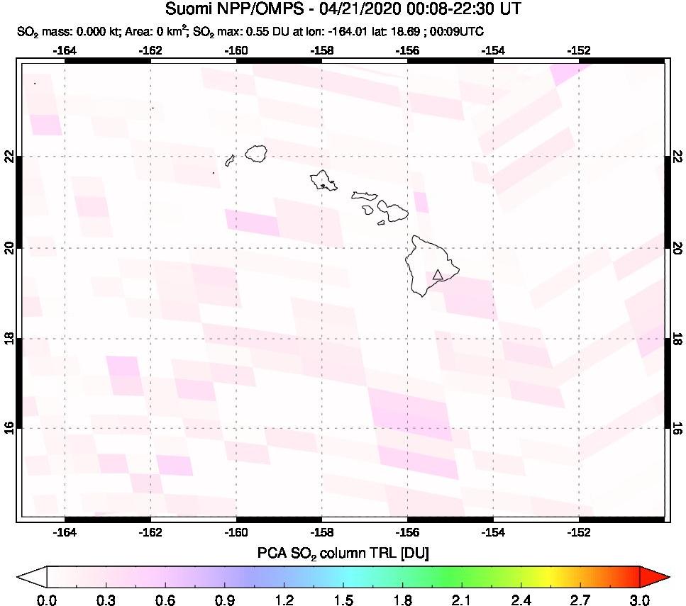 A sulfur dioxide image over Hawaii, USA on Apr 21, 2020.