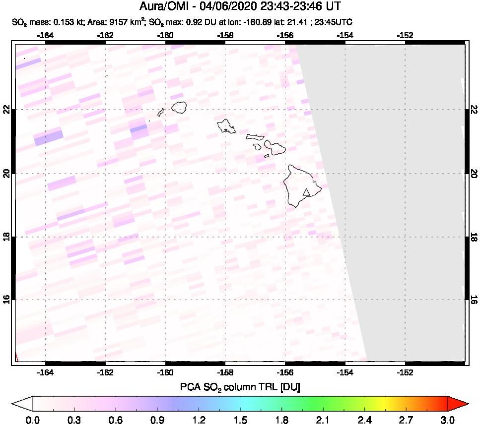 A sulfur dioxide image over Hawaii, USA on Apr 06, 2020.