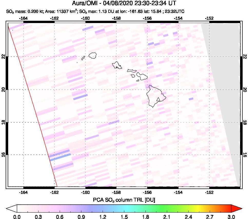 A sulfur dioxide image over Hawaii, USA on Apr 08, 2020.