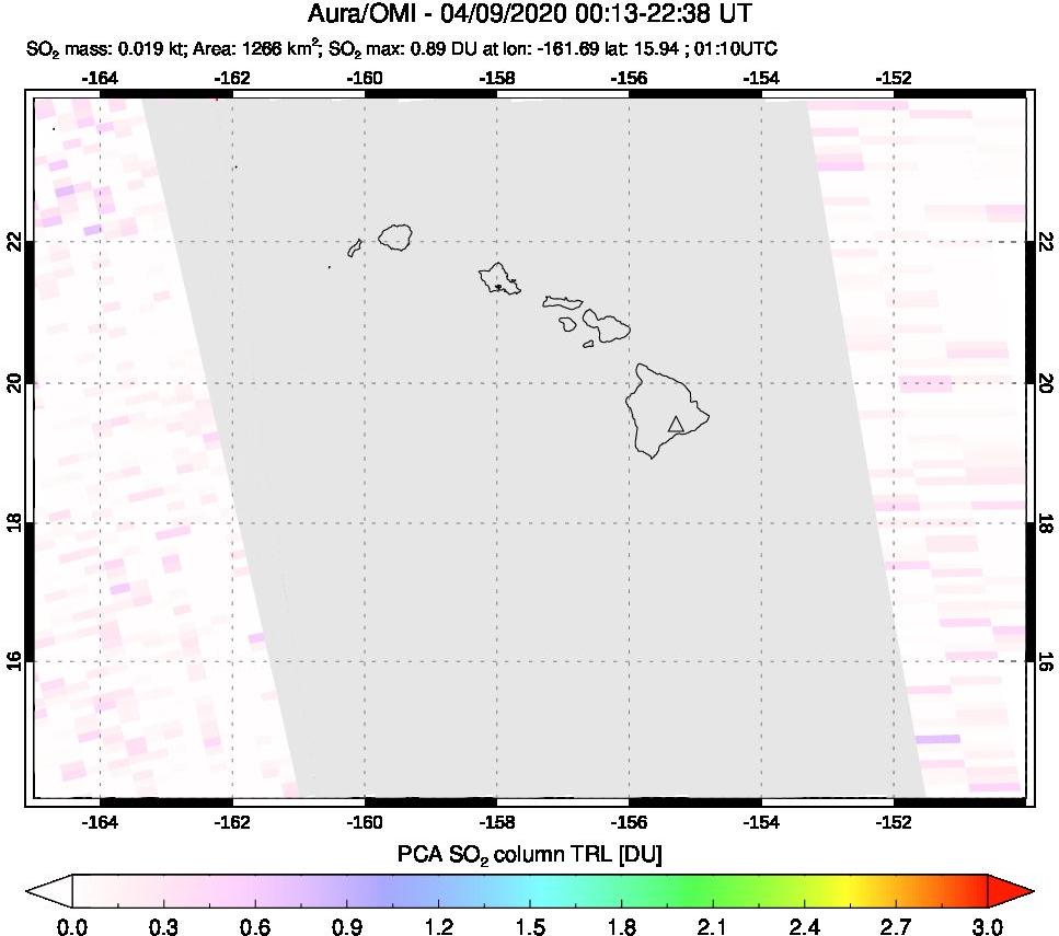 A sulfur dioxide image over Hawaii, USA on Apr 09, 2020.