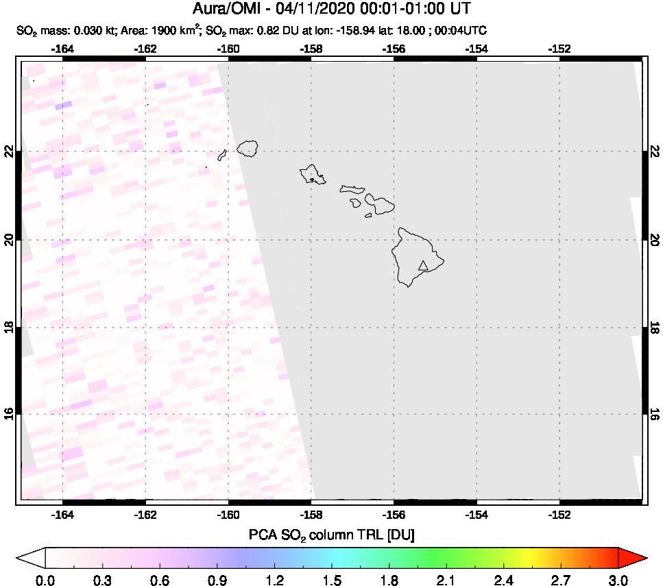 A sulfur dioxide image over Hawaii, USA on Apr 11, 2020.