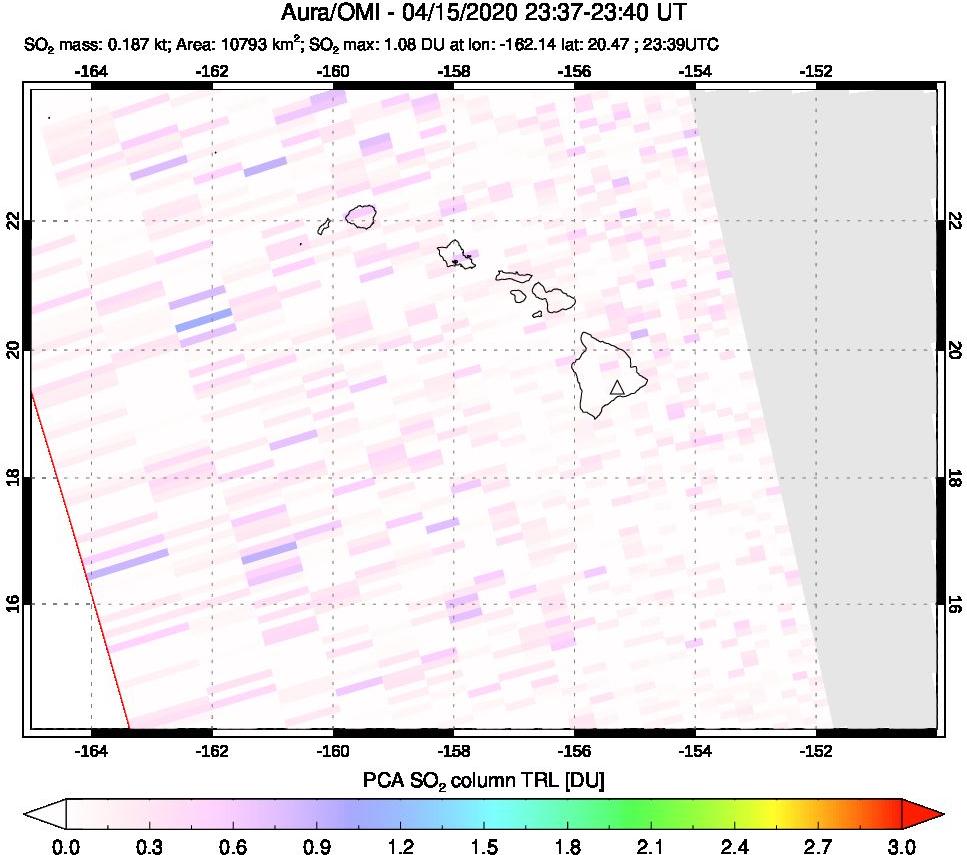 A sulfur dioxide image over Hawaii, USA on Apr 15, 2020.