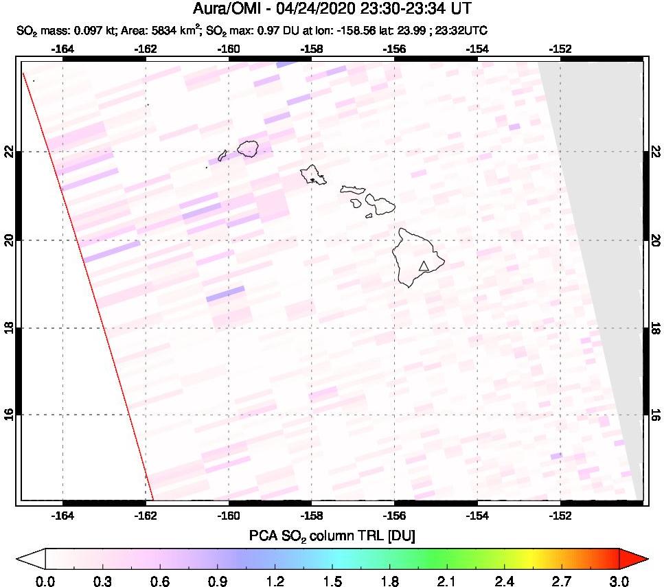 A sulfur dioxide image over Hawaii, USA on Apr 24, 2020.