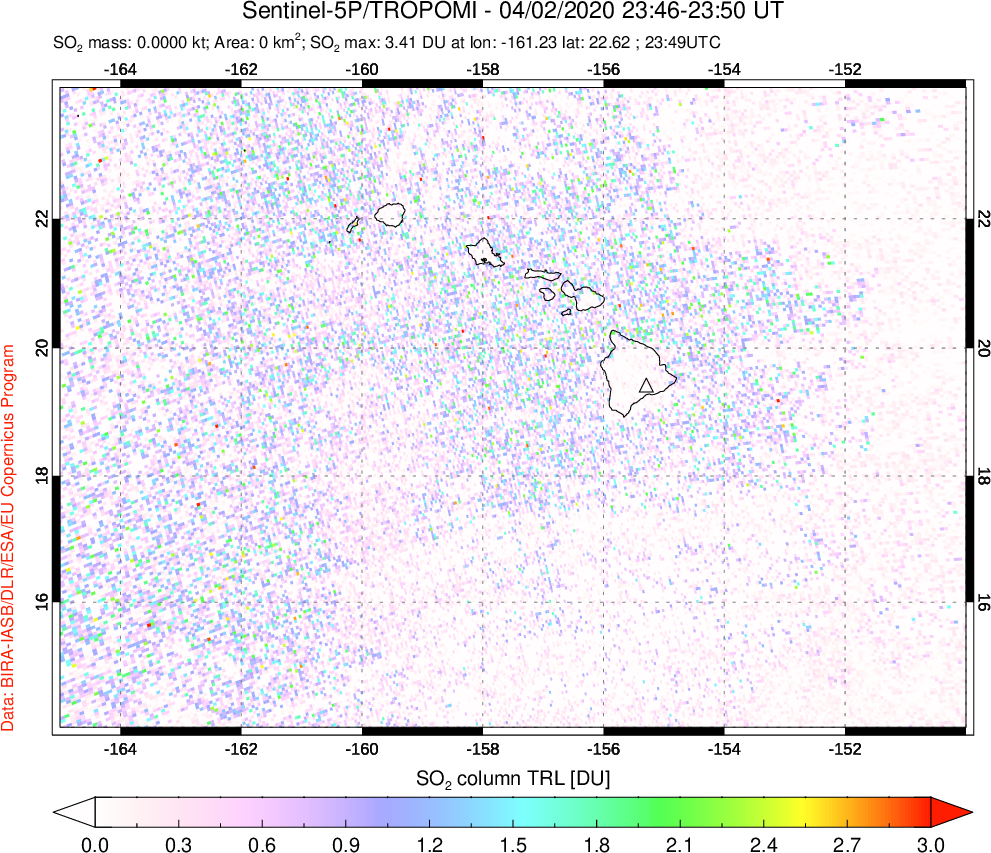 A sulfur dioxide image over Hawaii, USA on Apr 02, 2020.