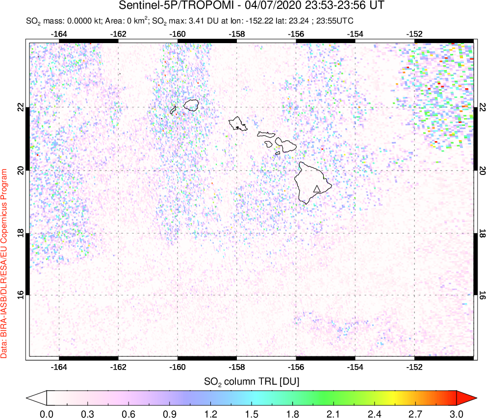 A sulfur dioxide image over Hawaii, USA on Apr 07, 2020.
