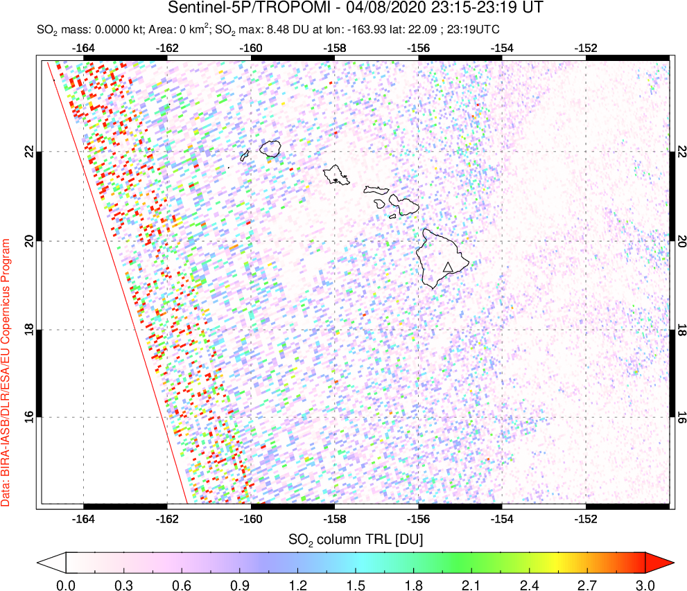 A sulfur dioxide image over Hawaii, USA on Apr 08, 2020.