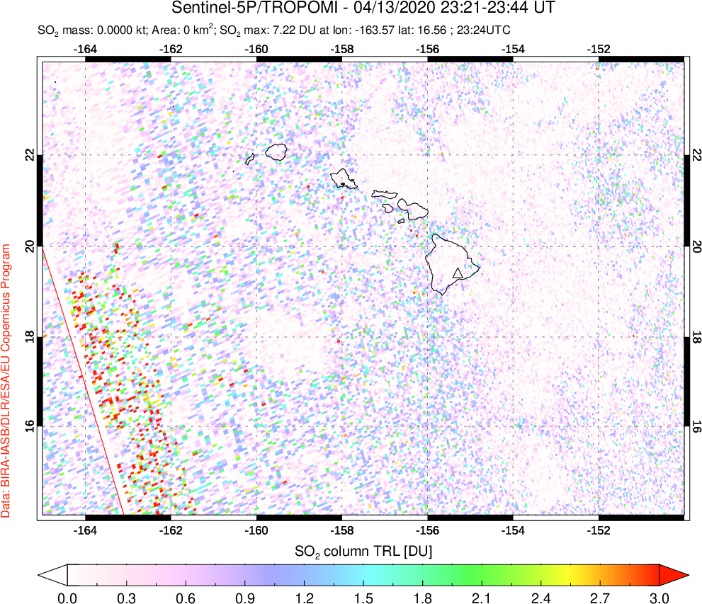 A sulfur dioxide image over Hawaii, USA on Apr 13, 2020.