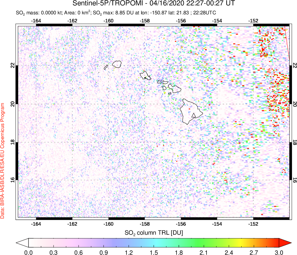 A sulfur dioxide image over Hawaii, USA on Apr 16, 2020.