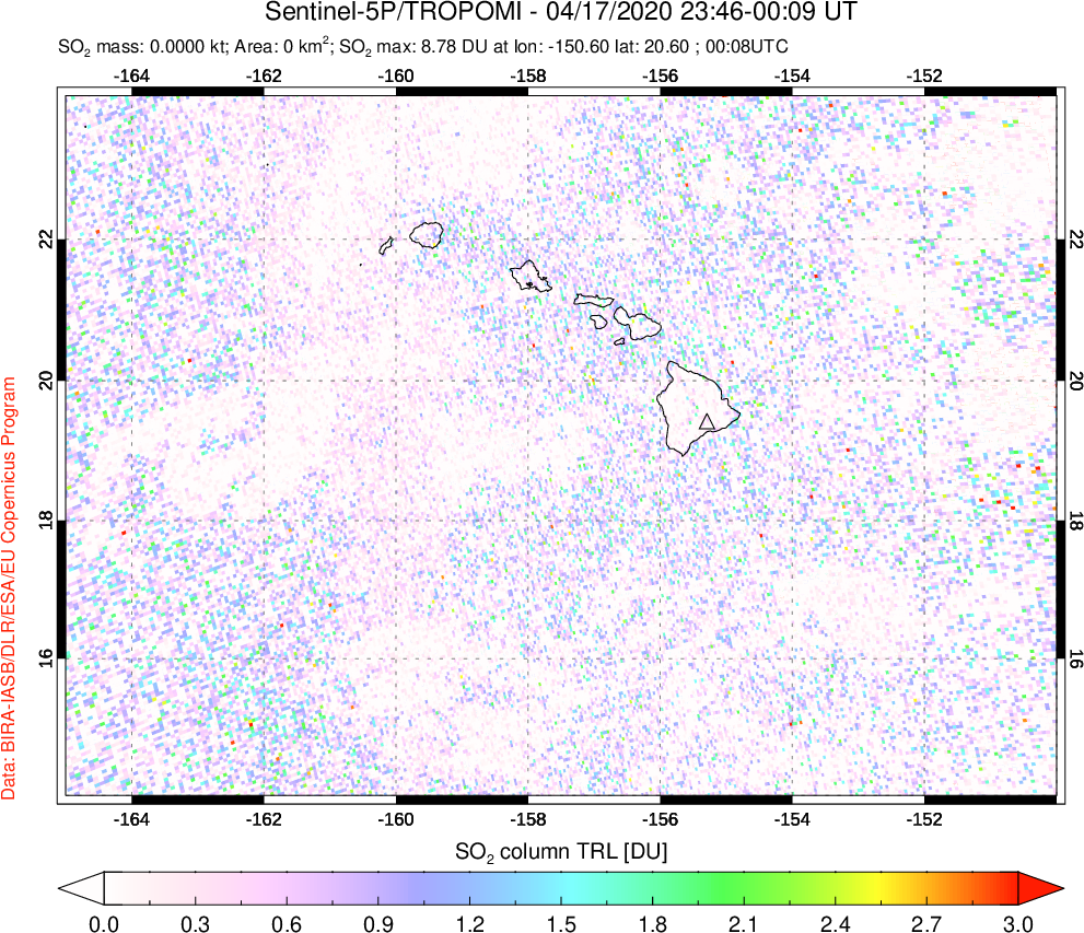 A sulfur dioxide image over Hawaii, USA on Apr 17, 2020.
