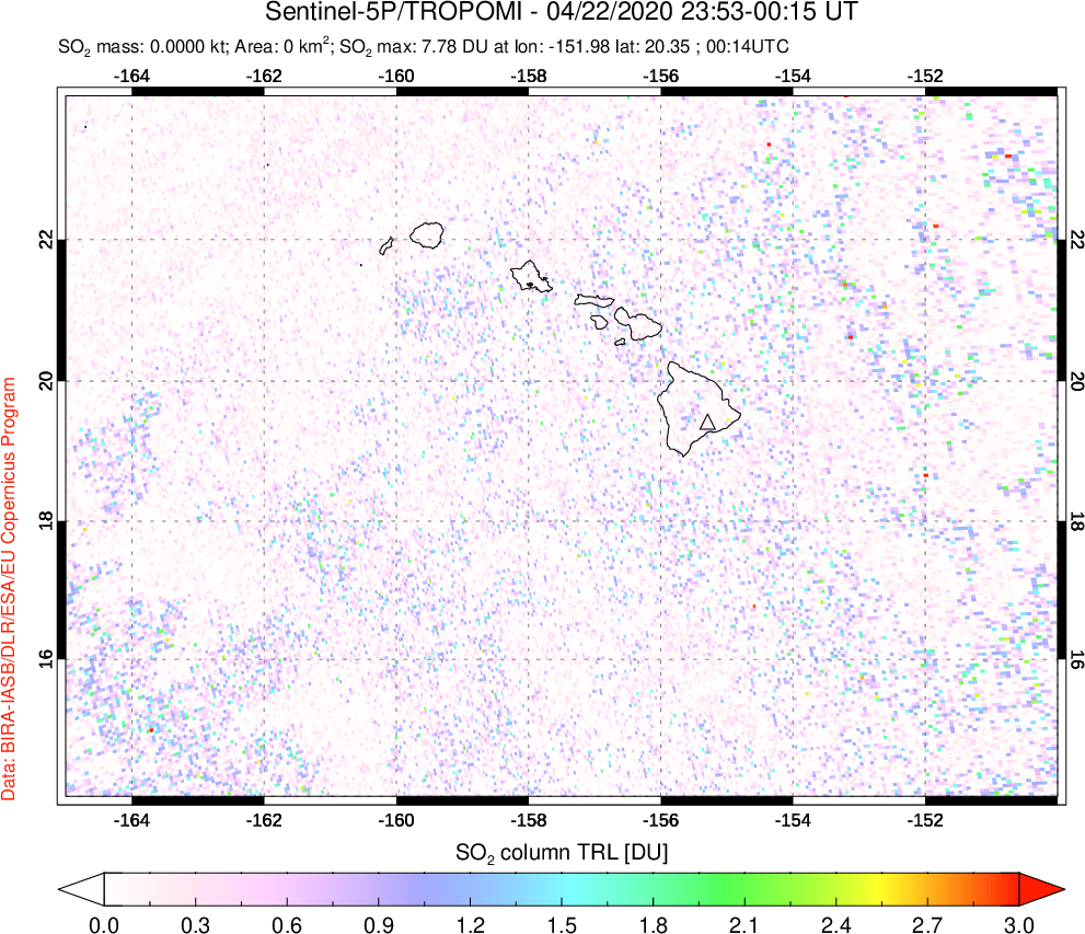A sulfur dioxide image over Hawaii, USA on Apr 22, 2020.