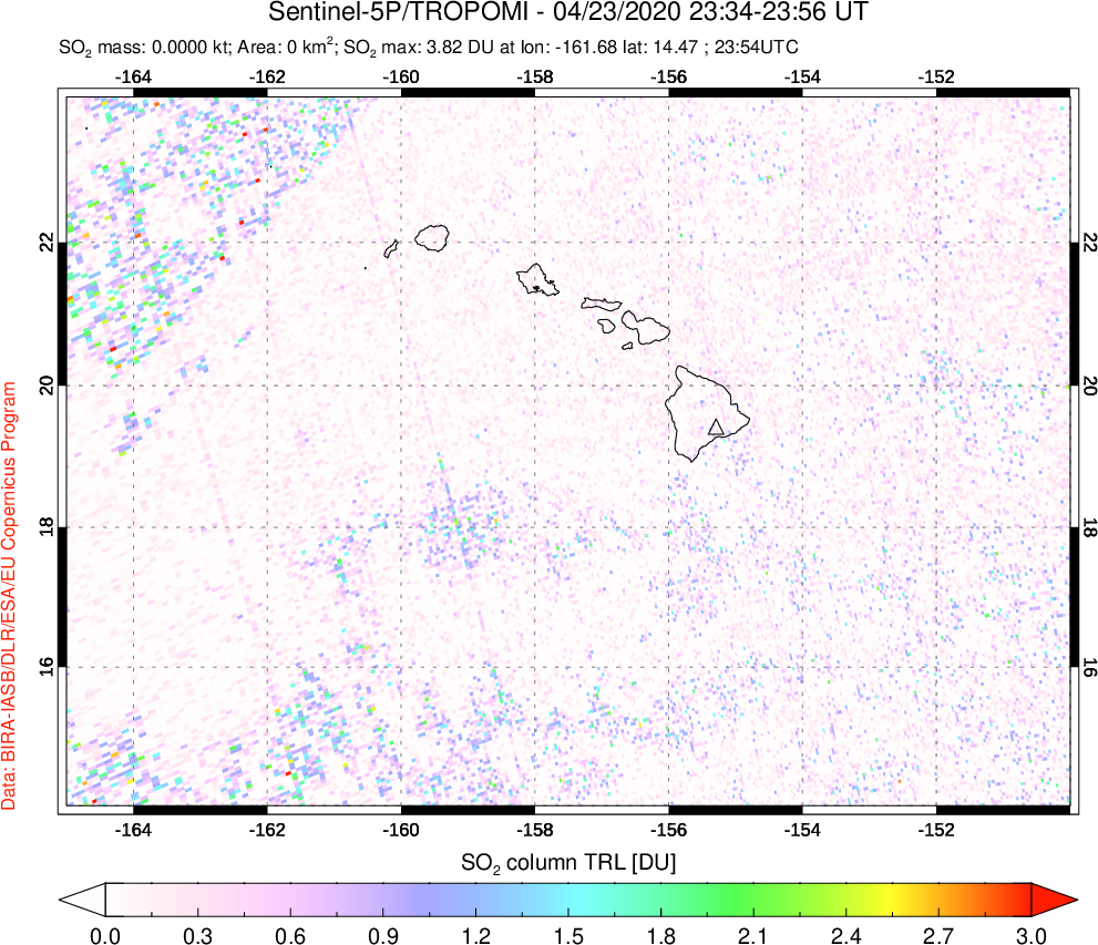 A sulfur dioxide image over Hawaii, USA on Apr 23, 2020.