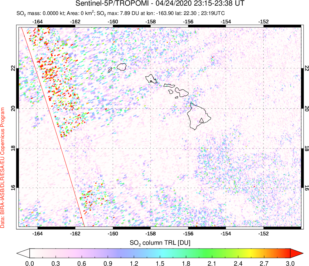 A sulfur dioxide image over Hawaii, USA on Apr 24, 2020.
