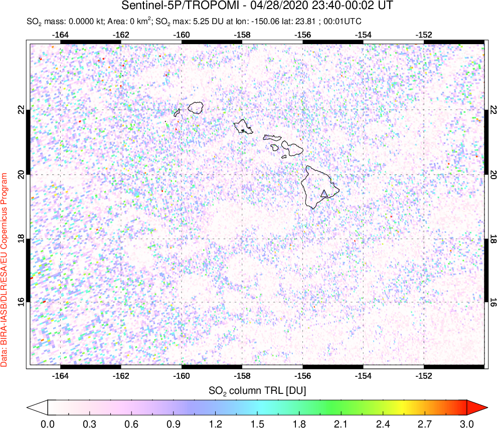 A sulfur dioxide image over Hawaii, USA on Apr 28, 2020.