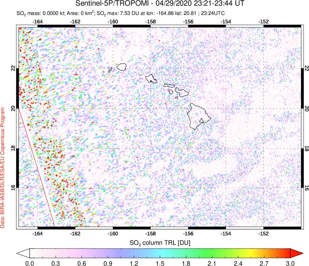 A sulfur dioxide image over Hawaii, USA on Apr 29, 2020.