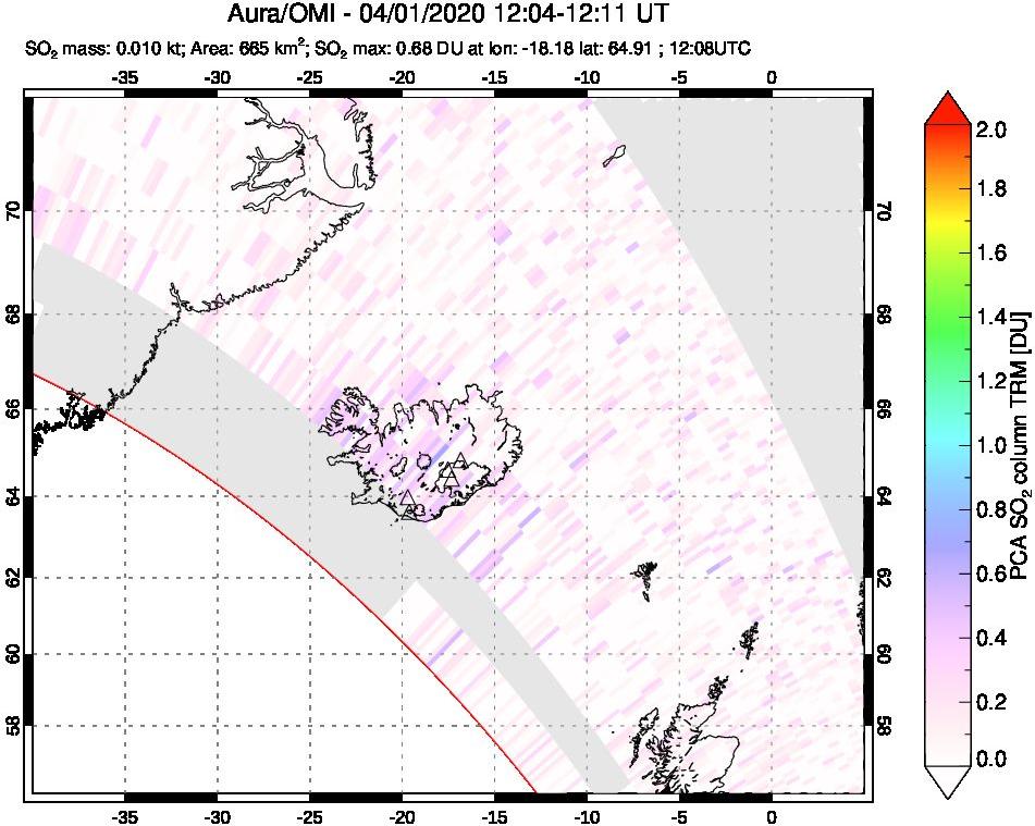 A sulfur dioxide image over Iceland on Apr 01, 2020.