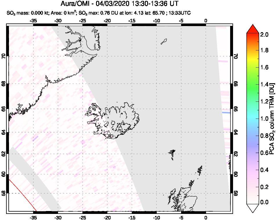 A sulfur dioxide image over Iceland on Apr 03, 2020.