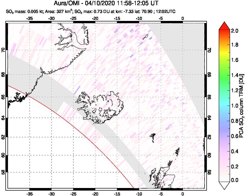 A sulfur dioxide image over Iceland on Apr 10, 2020.