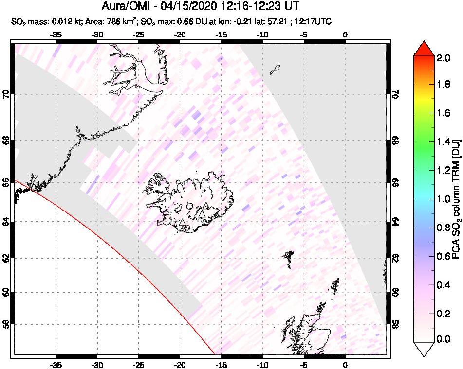A sulfur dioxide image over Iceland on Apr 15, 2020.