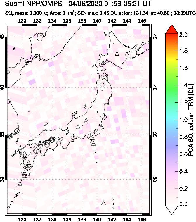 A sulfur dioxide image over Japan on Apr 06, 2020.