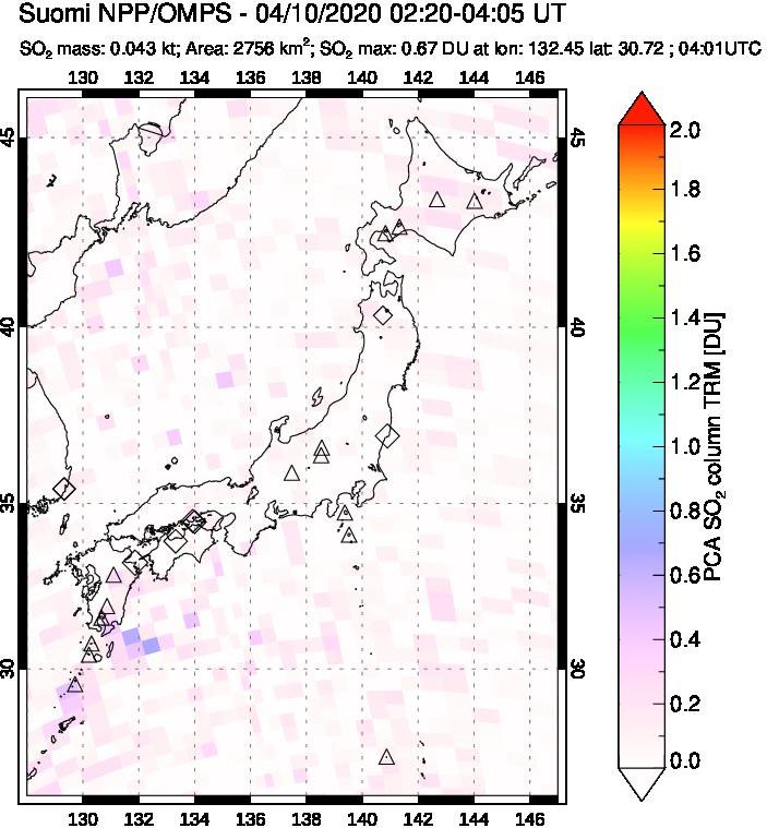 A sulfur dioxide image over Japan on Apr 10, 2020.
