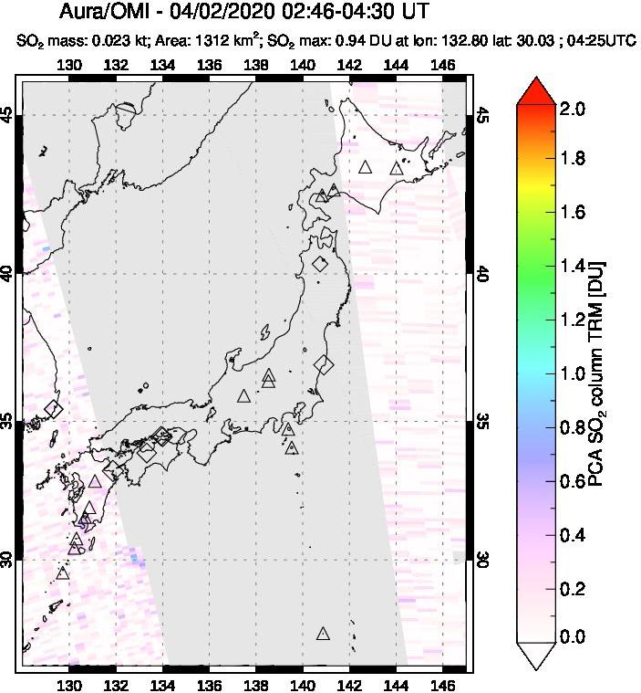 A sulfur dioxide image over Japan on Apr 02, 2020.