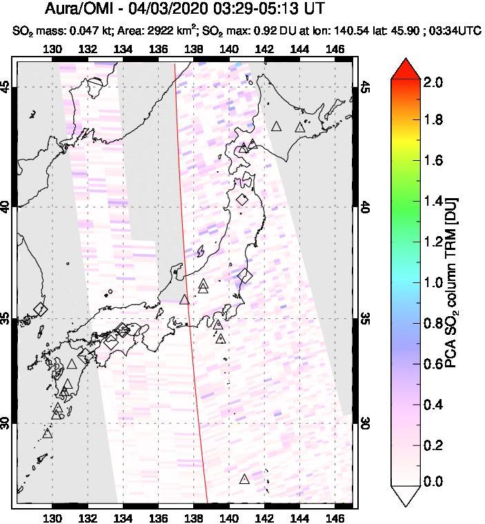 A sulfur dioxide image over Japan on Apr 03, 2020.