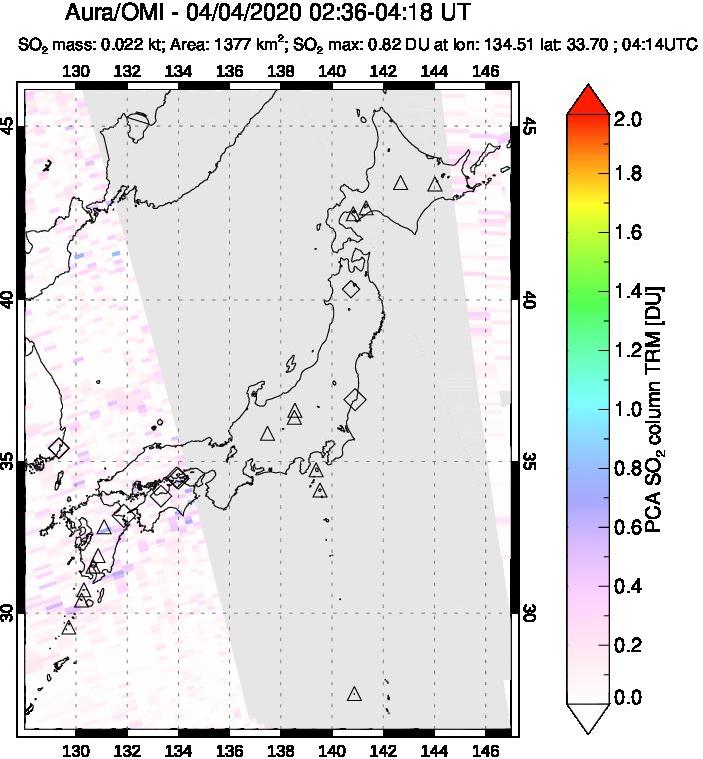 A sulfur dioxide image over Japan on Apr 04, 2020.