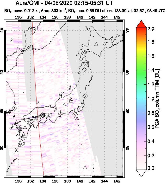 A sulfur dioxide image over Japan on Apr 08, 2020.