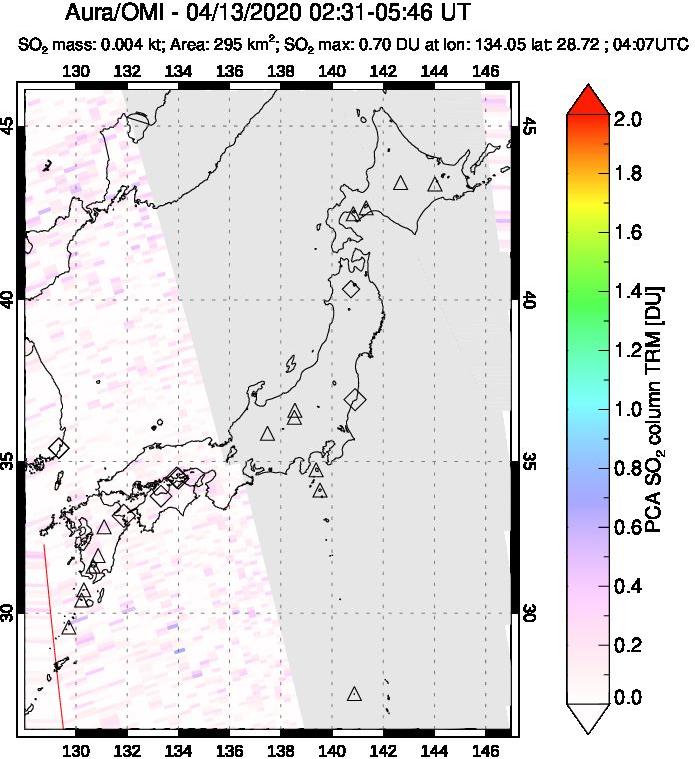 A sulfur dioxide image over Japan on Apr 13, 2020.