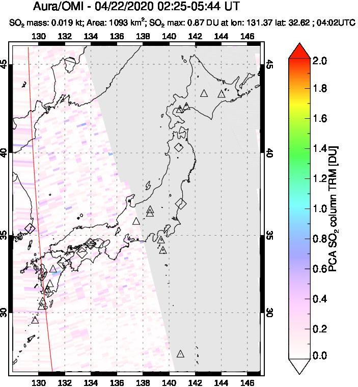 A sulfur dioxide image over Japan on Apr 22, 2020.