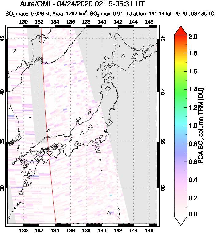 A sulfur dioxide image over Japan on Apr 24, 2020.
