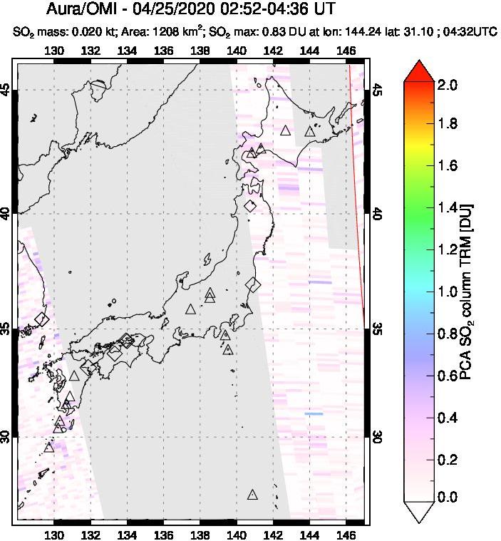A sulfur dioxide image over Japan on Apr 25, 2020.