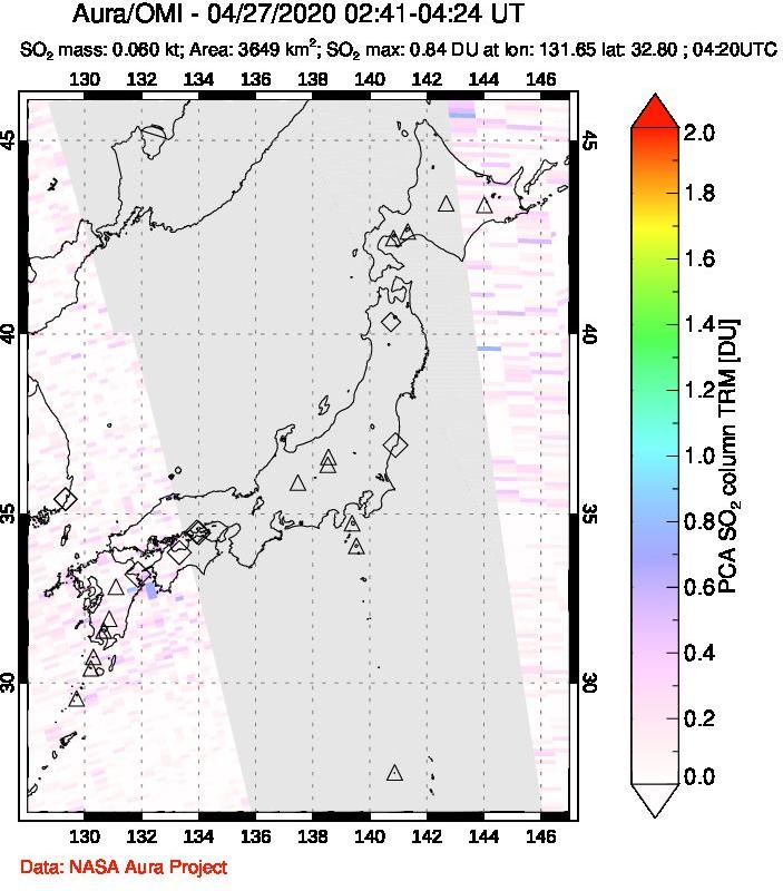 A sulfur dioxide image over Japan on Apr 27, 2020.