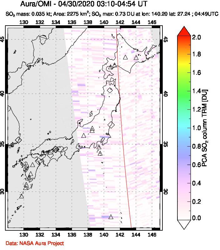 A sulfur dioxide image over Japan on Apr 30, 2020.