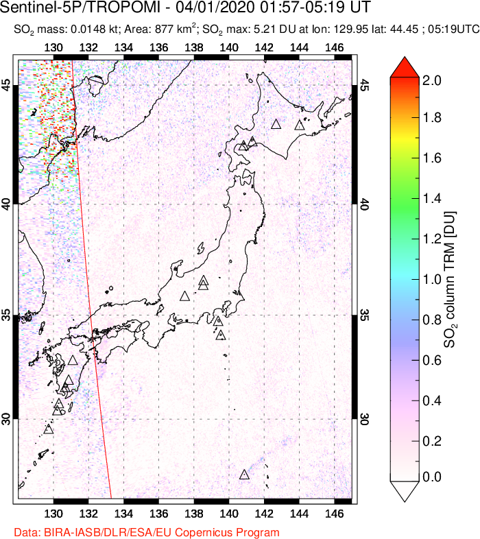 A sulfur dioxide image over Japan on Apr 01, 2020.
