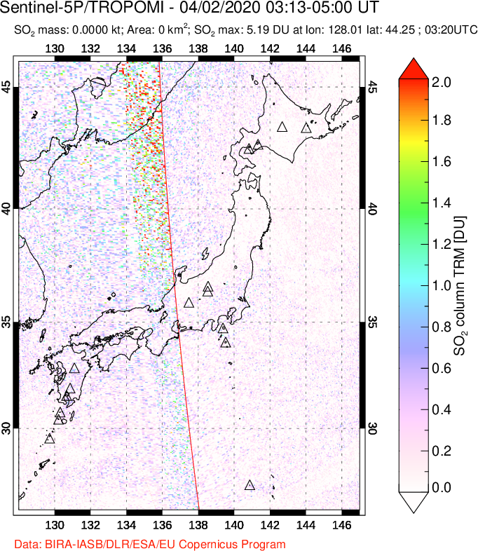 A sulfur dioxide image over Japan on Apr 02, 2020.