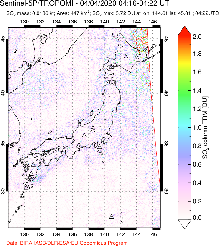 A sulfur dioxide image over Japan on Apr 04, 2020.