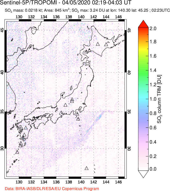 A sulfur dioxide image over Japan on Apr 05, 2020.