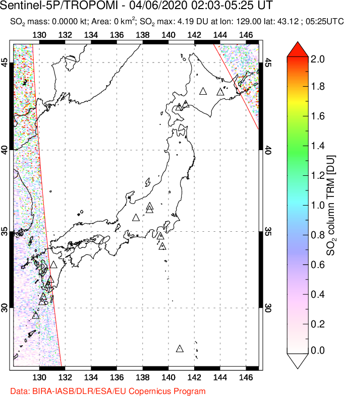 A sulfur dioxide image over Japan on Apr 06, 2020.