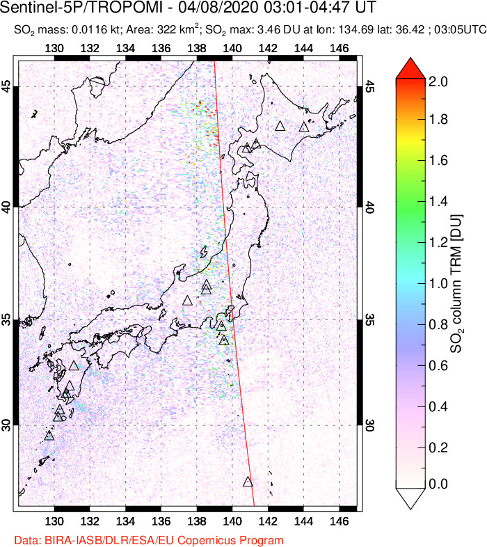 A sulfur dioxide image over Japan on Apr 08, 2020.