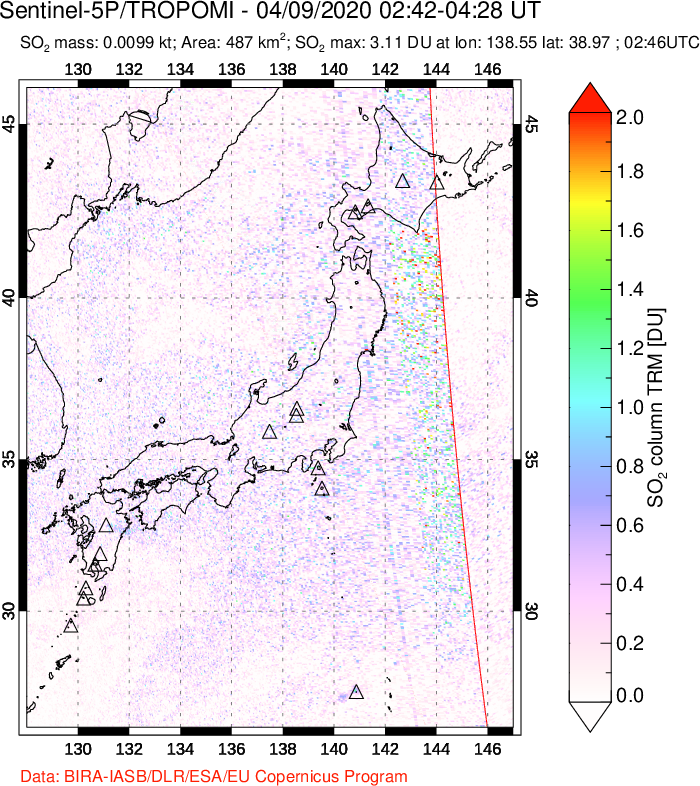 A sulfur dioxide image over Japan on Apr 09, 2020.