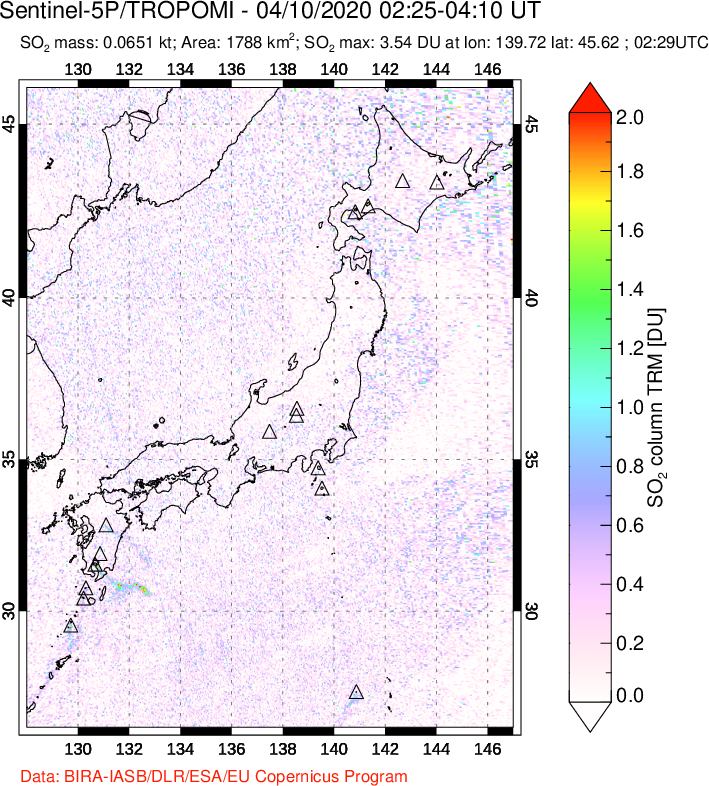 A sulfur dioxide image over Japan on Apr 10, 2020.