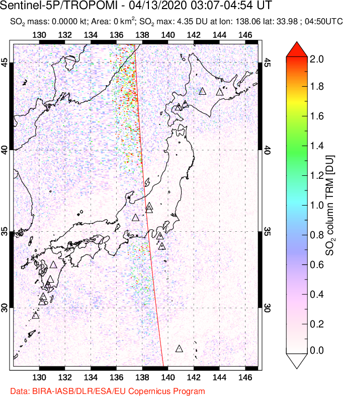 A sulfur dioxide image over Japan on Apr 13, 2020.